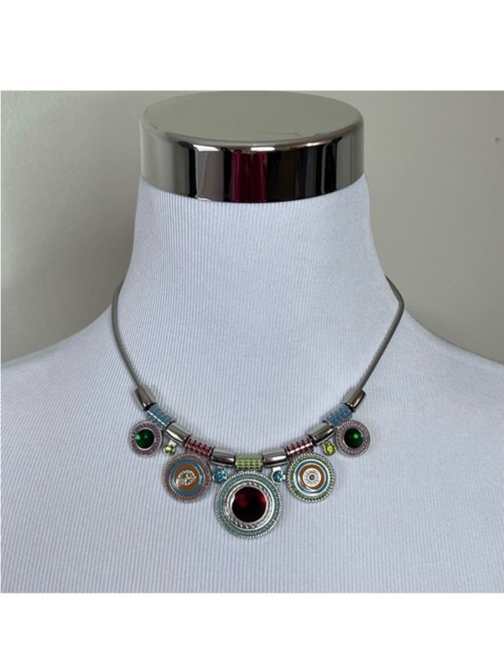 Boho Silver Tone Colorful Crystal Enamel Multi Pendant Necklace - Picture 3 of 9